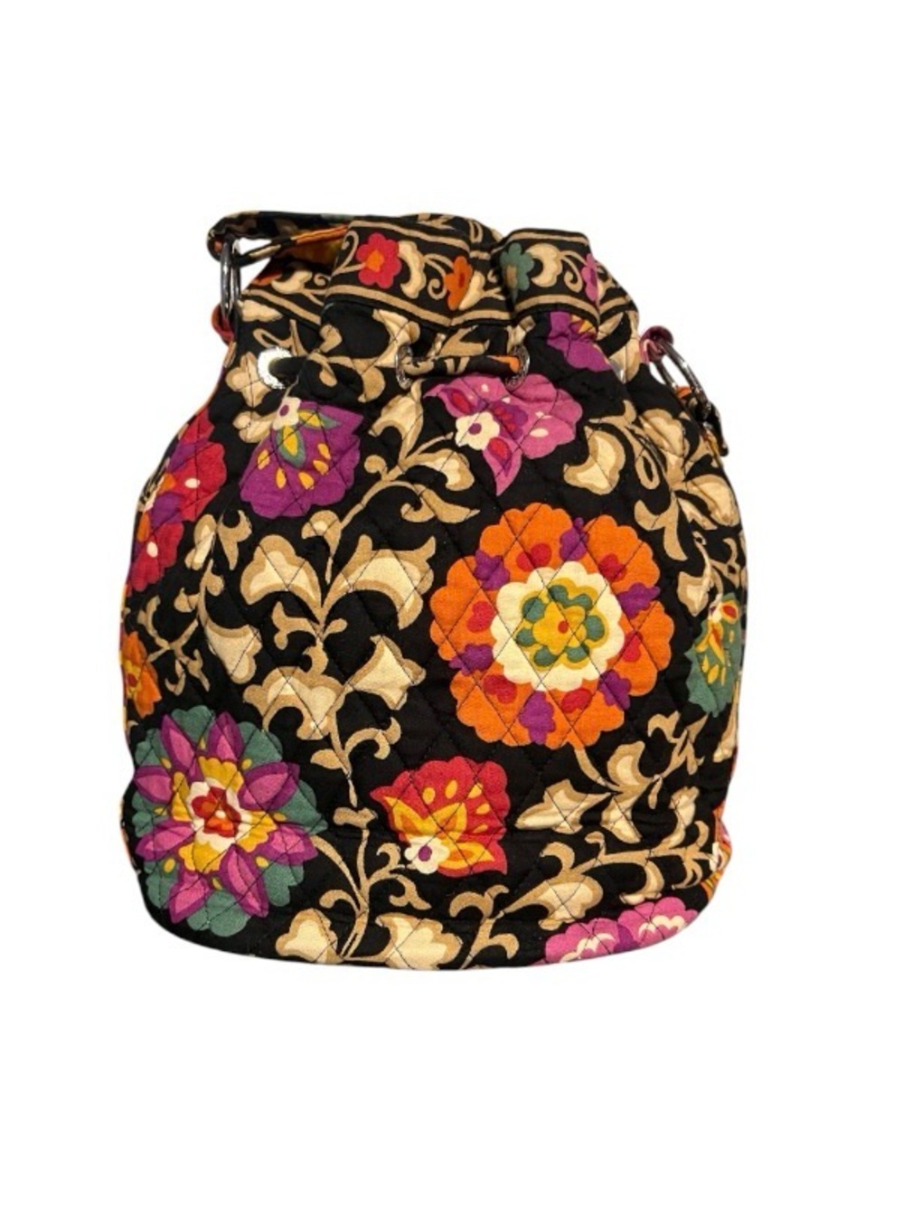 Vera Bradley Quilted Floral Drawstring Crossbody Bag Black and multicolor bucket - Picture 4 of 14